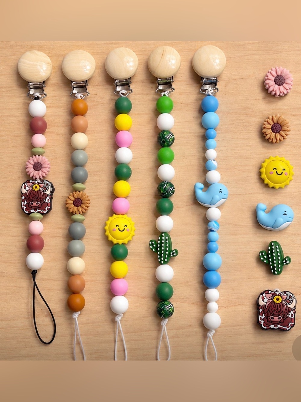 Baby Silicone Bead Pacifier Clip Strap - Beach Whale Cows Flowers Sun Cactus